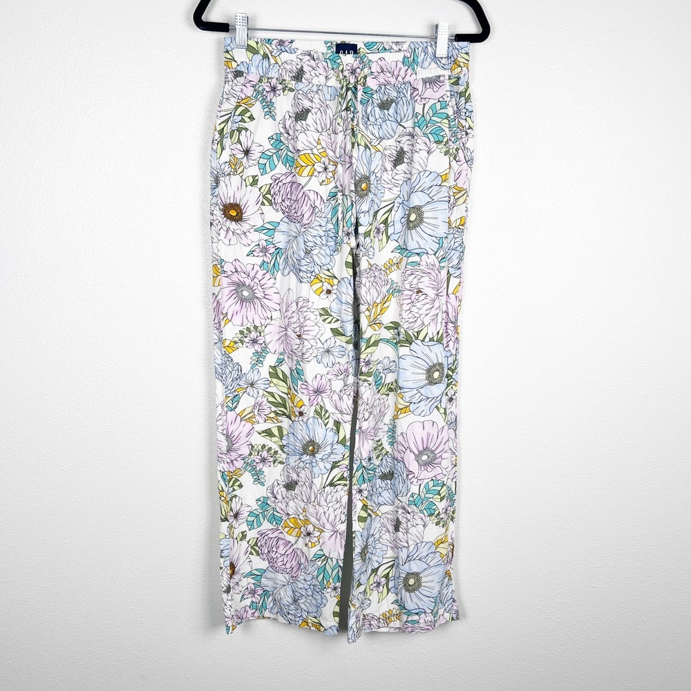 Gap Women Floral Print Pull On Pants Pastel Straight Leg Cotton Small